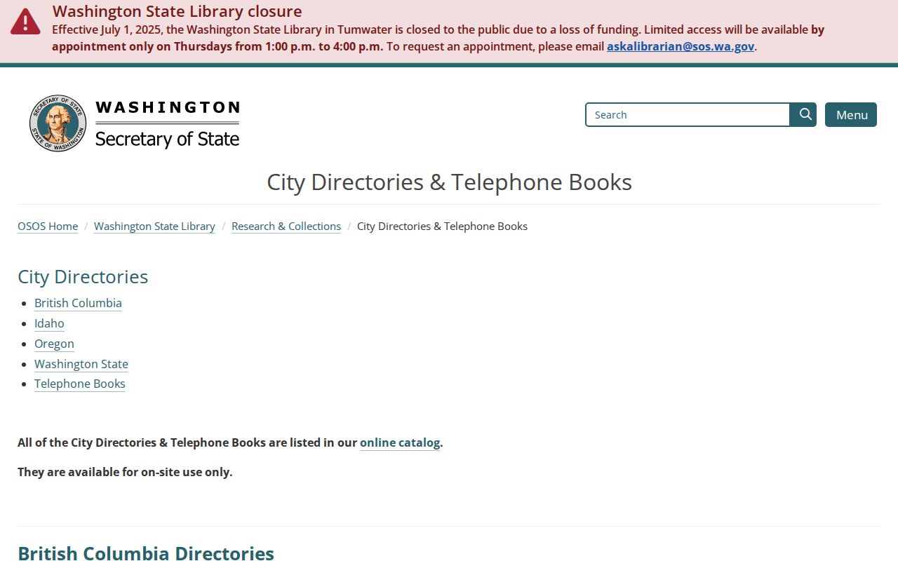 Bothell West city directory holdings at Washington State Library